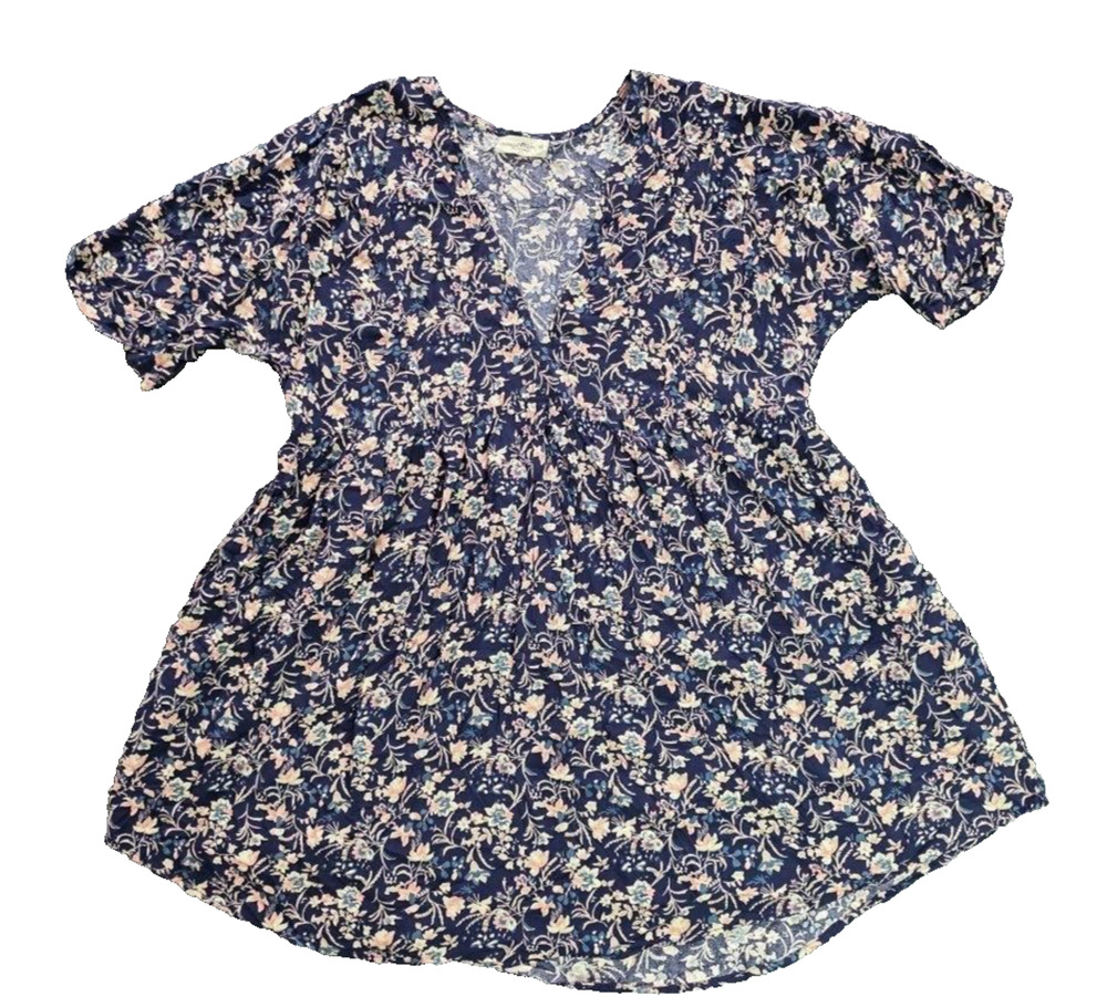 NATURAL LIFE FLORAL DRESS cotton boho v-neck dress Y2K Navy Medium A008471